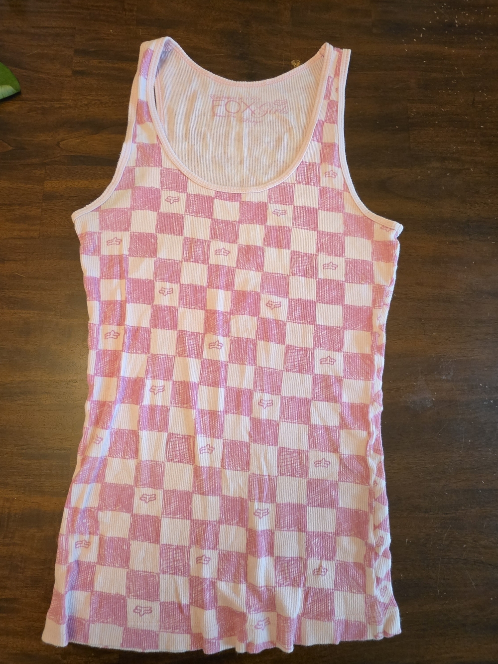 Vintage Y2K Fox Racing Pink Checkered Pointelle Tank Top - Rare McBling Baby Te